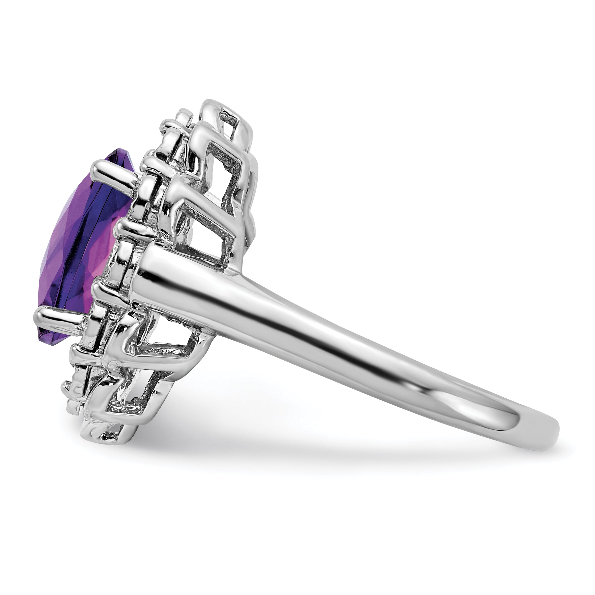 Sterling Silver Rhodium Plated Diamond & Checker Cut Amethyst Ring