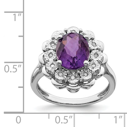 Sterling Silver Rhodium Plated Diamond & Checker Cut Amethyst Ring