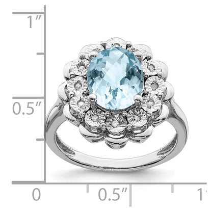 Sterling Silver Rhodium Diamond & Checker Cut Sky Blue Topaz Ring (Size 7 Only)