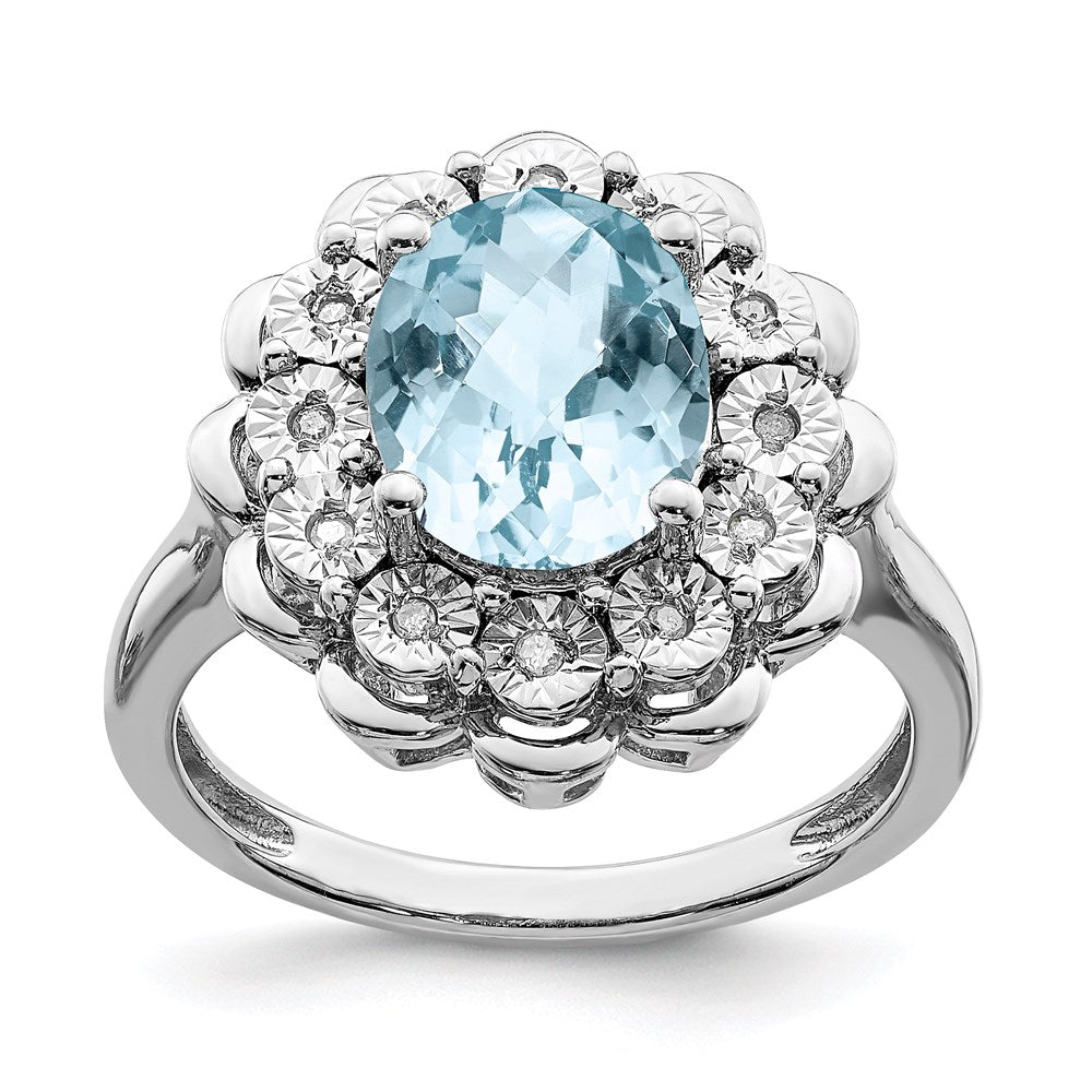 Sterling Silver Rhodium Diamond & Checker Cut Sky Blue Topaz Ring (Size 7 Only)