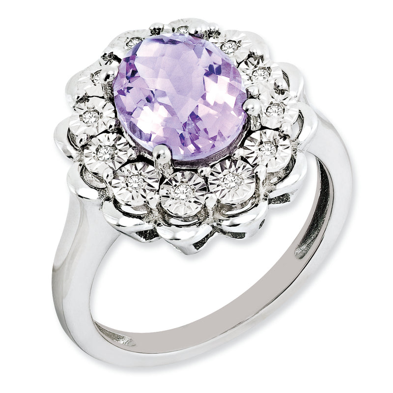 Sterling Silver Rhodium Plated Diamond & Checker Cut Pink Quartz Ring