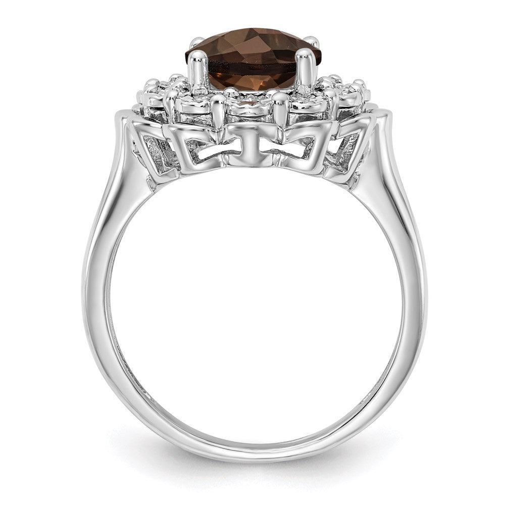 Sterling Silver Rhodium Diamond & Oval Checker Cut Smoky Quartz Ring (Size 7 Only)