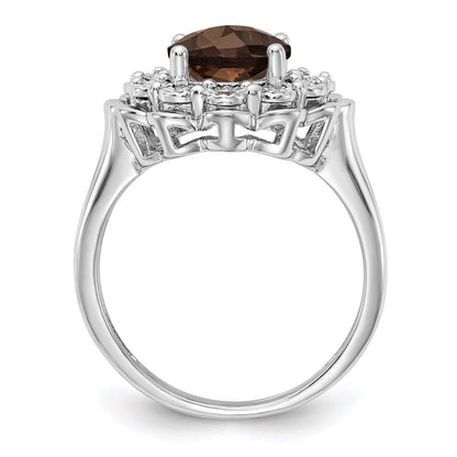 Sterling Silver Rhodium Diamond & Oval Checker Cut Smoky Quartz Ring (Size 7 Only)