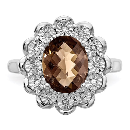 Sterling Silver Rhodium Diamond & Oval Checker Cut Smoky Quartz Ring (Size 7 Only)