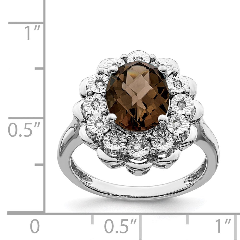 Sterling Silver Rhodium Diamond & Oval Checker Cut Smoky Quartz Ring (Size 7 Only)