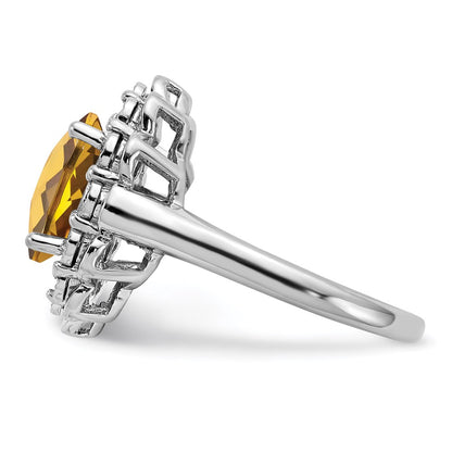 Sterling Silver Rhodium Diamond & Oval Checker Cut Whiskey Quartz Ring