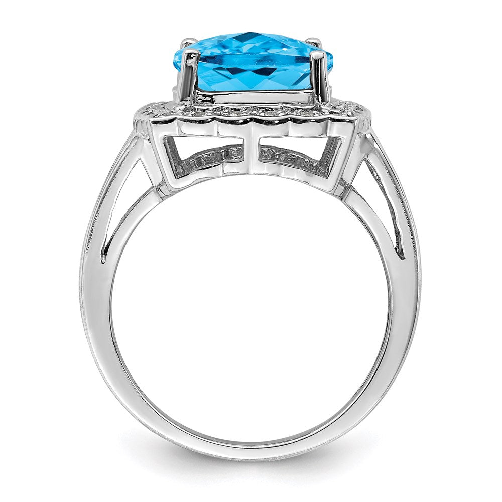 Sterling Silver Rhodium Diamond & Checker Cut Blue Topaz Ring (Size 7 Only)