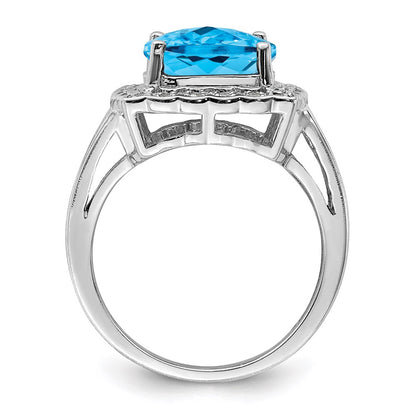Sterling Silver Rhodium Diamond & Checker Cut Blue Topaz Ring (Size 7 Only)
