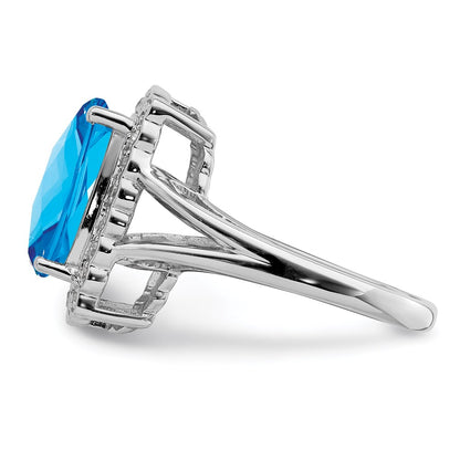Sterling Silver Rhodium Diamond & Checker Cut Blue Topaz Ring (Size 7 Only)