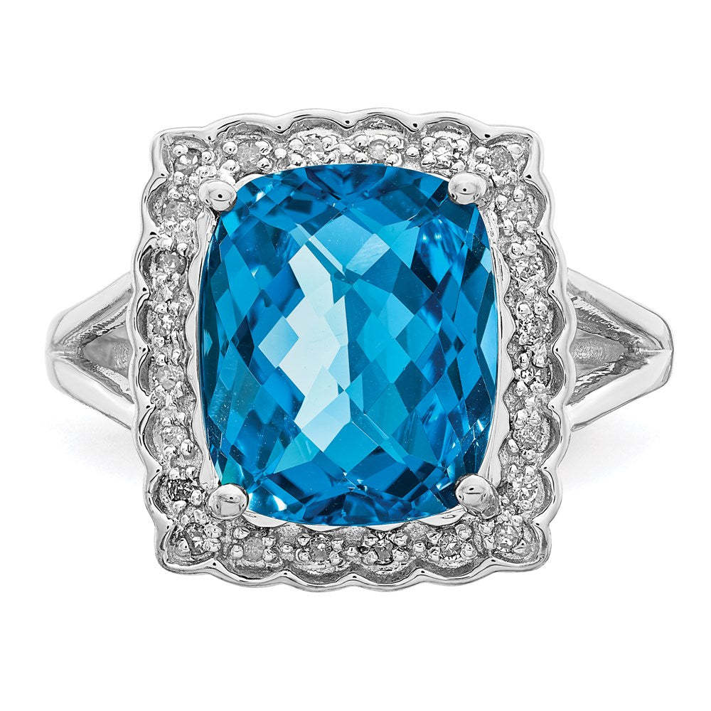 Sterling Silver Rhodium Diamond & Checker Cut Blue Topaz Ring (Size 7 Only)