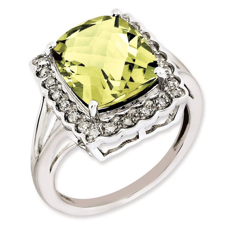 Sterling Silver Rhodium Plated Diamond & Checker Cut Lemon Quartz Ring (Size 7 Only)