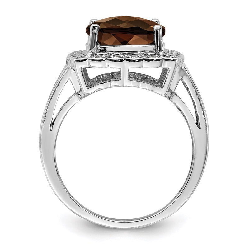 Sterling Silver Rhodium Diamond & Checker Cut Smoky Quartz Ring (Size 7 Only)