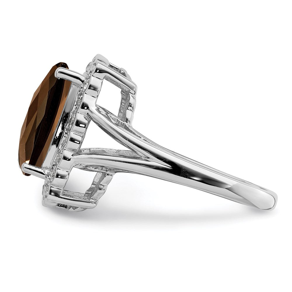 Sterling Silver Rhodium Diamond & Checker Cut Smoky Quartz Ring (Size 7 Only)