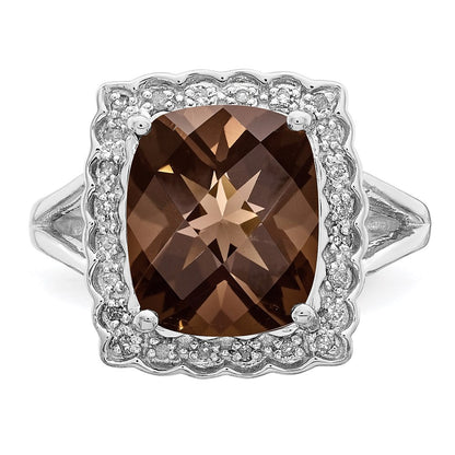 Sterling Silver Rhodium Diamond & Checker Cut Smoky Quartz Ring (Size 7 Only)