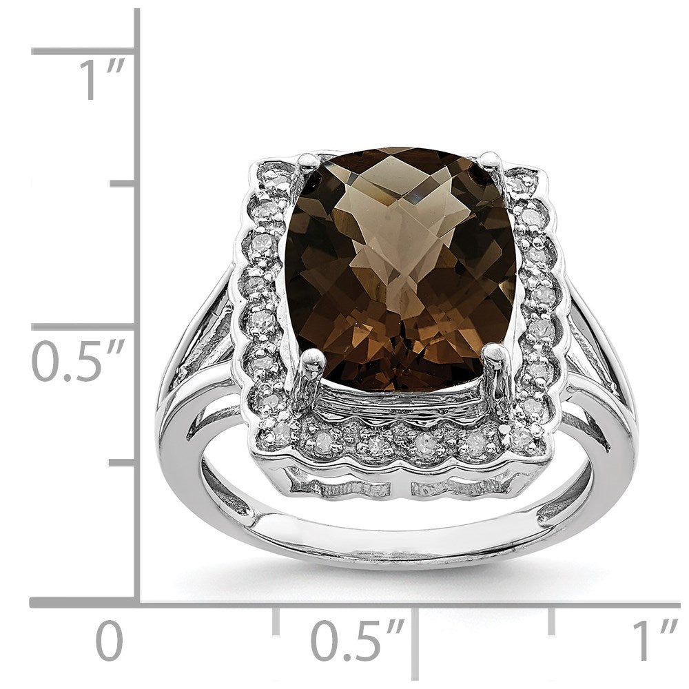 Sterling Silver Rhodium Diamond & Checker Cut Smoky Quartz Ring (Size 7 Only)