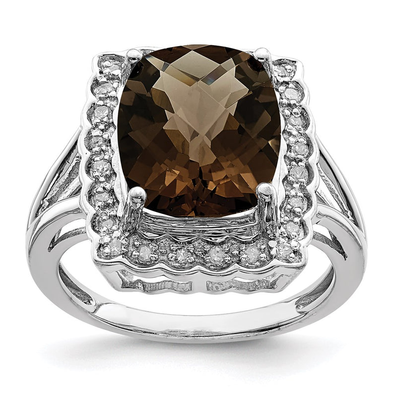 Sterling Silver Rhodium Diamond & Checker Cut Smoky Quartz Ring (Size 7 Only)