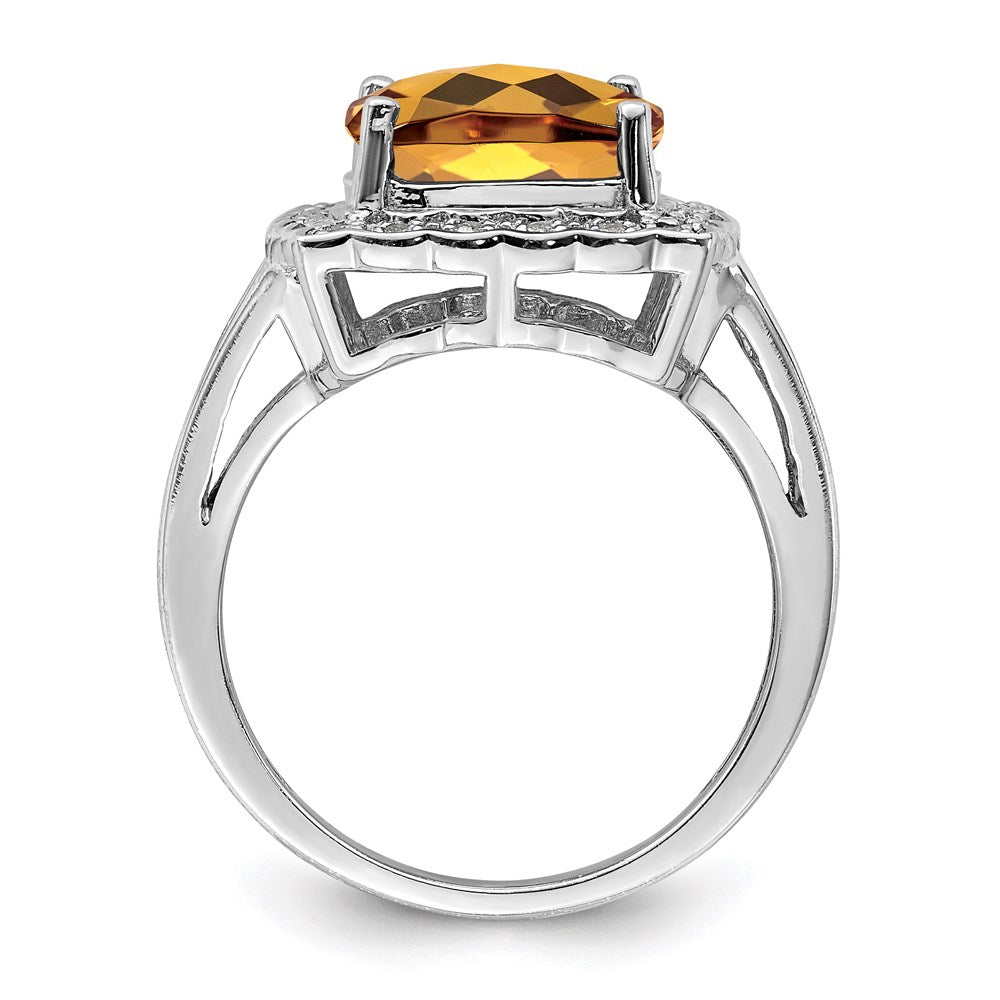 Sterling Silver Rhodium Diamond & Checker Cut Whiskey Quartz Ring (Size 7 Only)