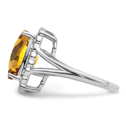 Sterling Silver Rhodium Diamond & Checker Cut Whiskey Quartz Ring (Size 7 Only)