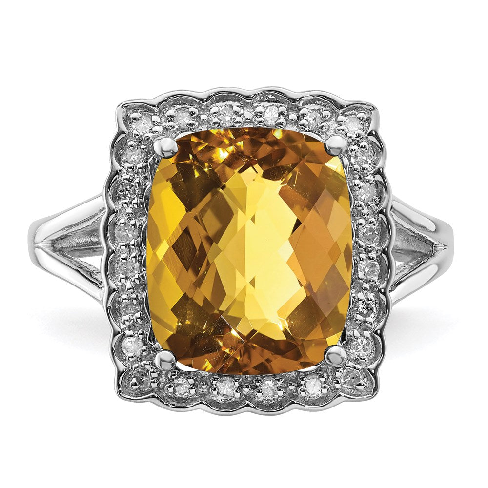 Sterling Silver Rhodium Diamond & Checker Cut Whiskey Quartz Ring (Size 7 Only)