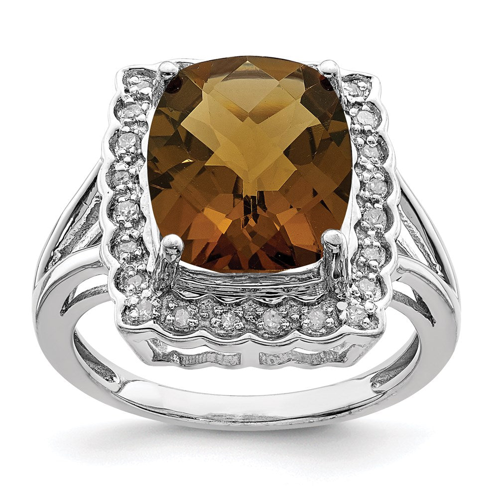 Sterling Silver Rhodium Diamond & Checker Cut Whiskey Quartz Ring (Size 7 Only)