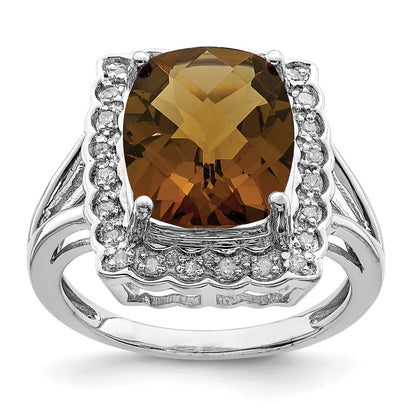 Sterling Silver Rhodium Diamond & Checker Cut Whiskey Quartz Ring (Size 7 Only)