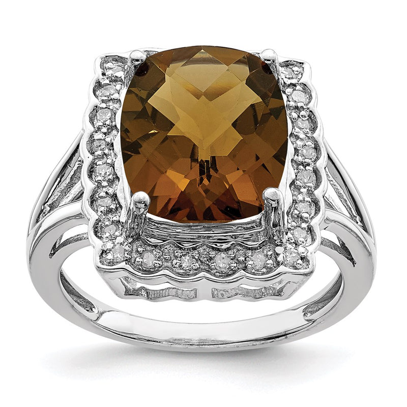 Sterling Silver Rhodium Diamond & Checker Cut Whiskey Quartz Ring (Size 7 Only)