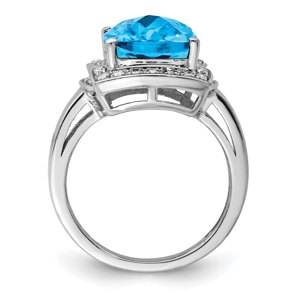 Sterling Silver Rhodium Diamond & Checker Cut Blue Topaz Ring (Size 7 Only)