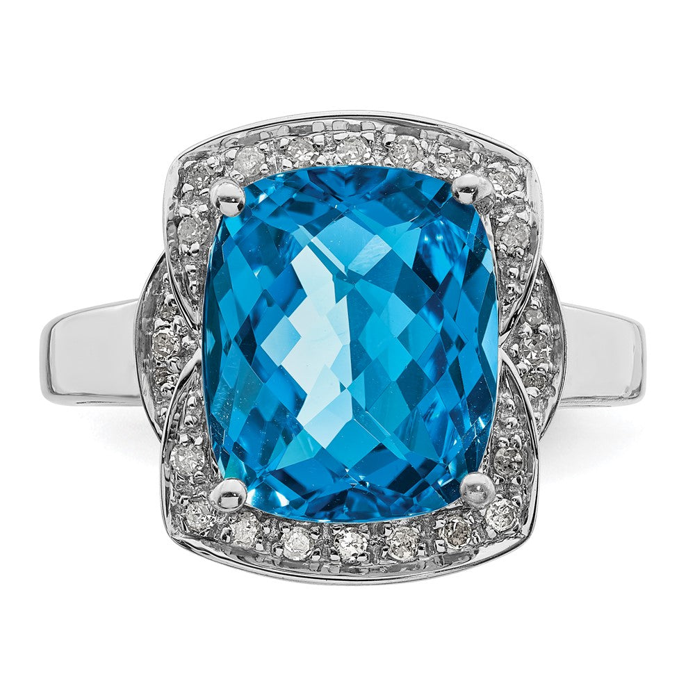 Sterling Silver Rhodium Diamond & Checker Cut Blue Topaz Ring (Size 7 Only)