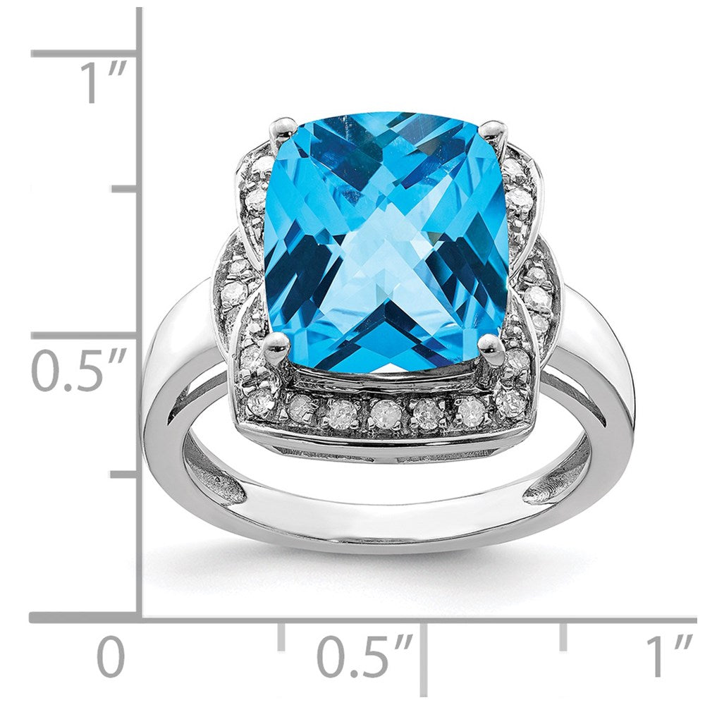 Sterling Silver Rhodium Diamond & Checker Cut Blue Topaz Ring (Size 7 Only)
