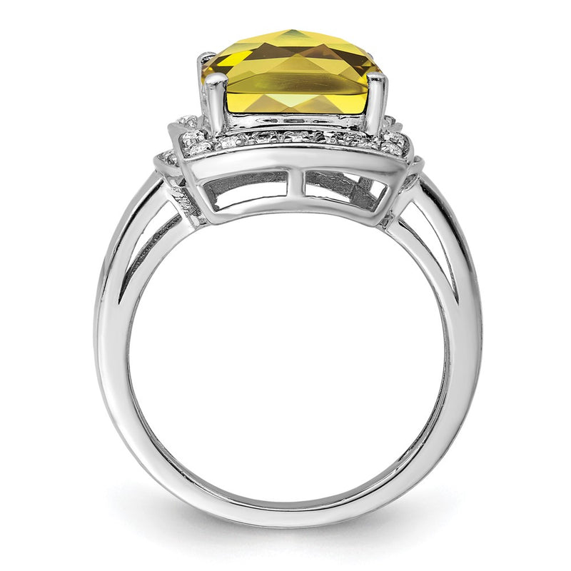 Sterling Silver Rhodium Diamond & Checker Cut Lemon Quartz Ring (Size 7 Only)