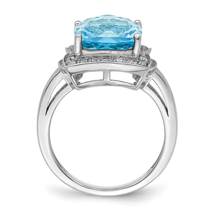 Sterling Silver Rhodium Diamond & Checker Cut Sky Blue Topaz Ring (Size 7 Only)