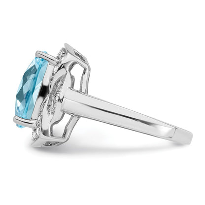 Sterling Silver Rhodium Diamond & Checker Cut Sky Blue Topaz Ring (Size 7 Only)