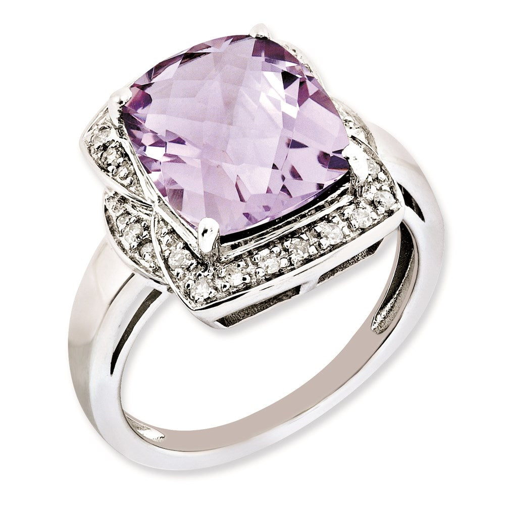 Sterling Silver Rhodium Plated Diamond & Checker Cut Pink Quartz Ring (Size 8 Only)