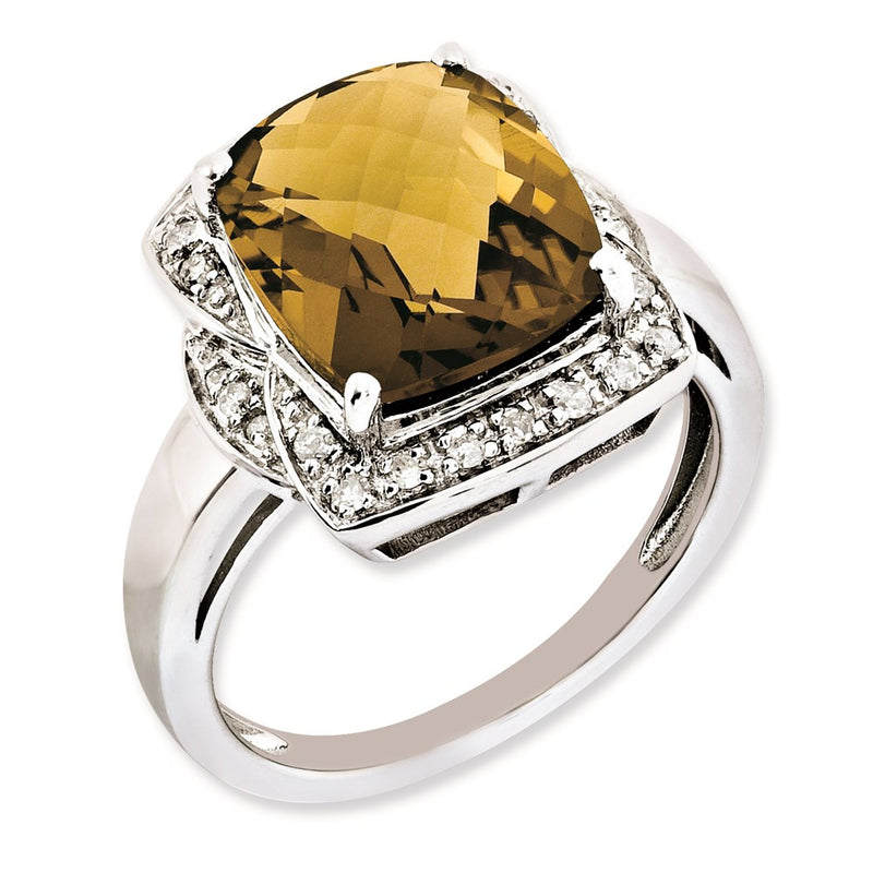 Sterling Silver Rh Plated Diamond & Checker Cut Whiskey Quartz Ring (Size 7 Only)