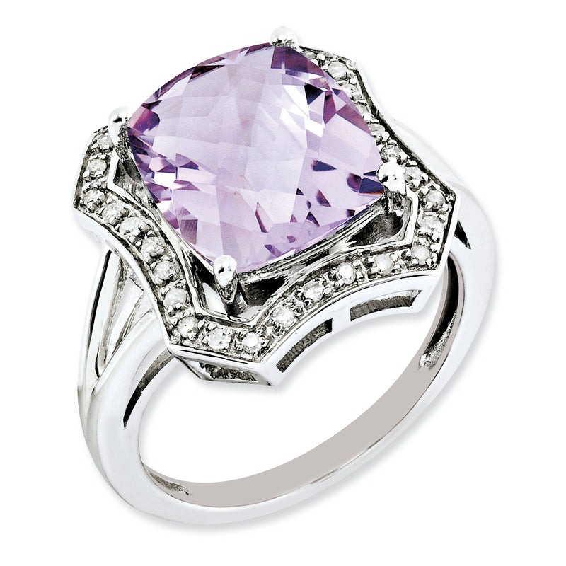 Sterling Silver Rhodium Plated Diamond & Checker Cut Pink Quartz Ring