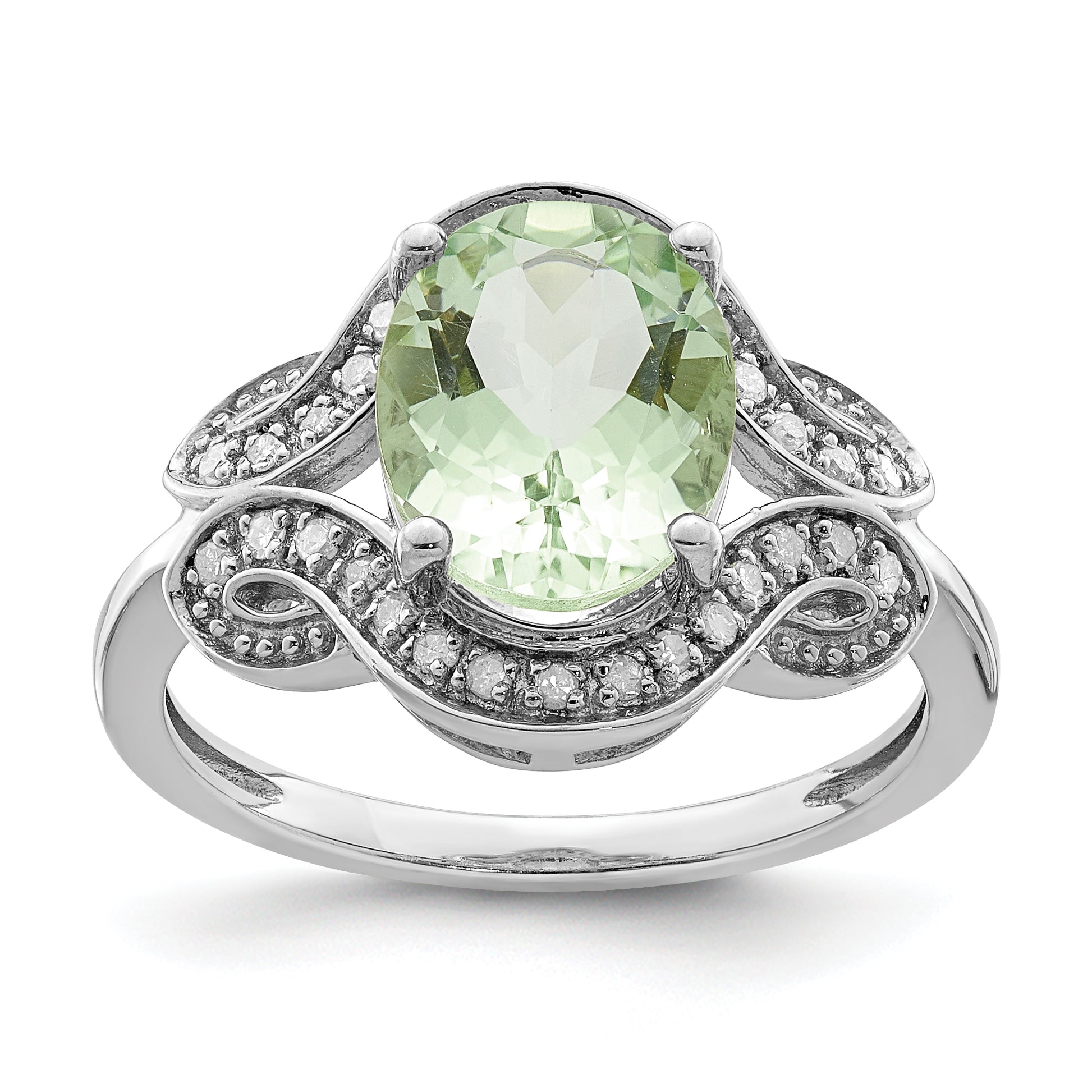 Sterling Silver Rhodium Diamond & Green Quartz Ring