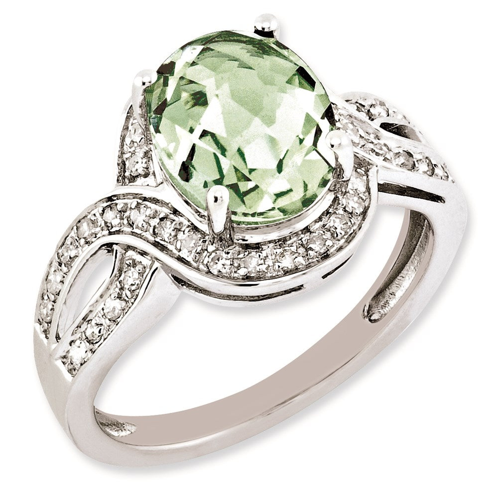 Sterling Silver Rh Plated Diamond & Oval Checker Cut Green Quartz Ring (Size 7 Only)
