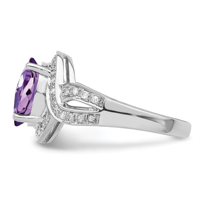 Sterling Silver Rhodium Plated Diamond & Oval Checker Cut Amethyst Ring (Size 7 Only)