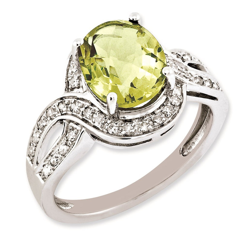 Sterling Silver Rh Plated Diamond & Oval Checker Cut Lemon Quartz Ring (Size 7 Only)