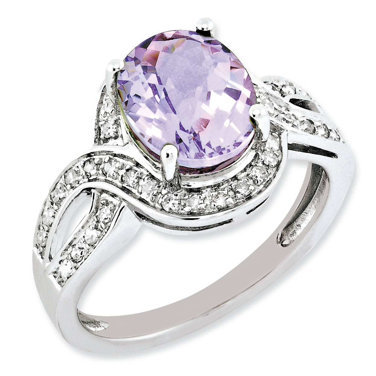 Sterling Silver Rhodium Plated Diamond & Checker Cut Pink Quartz Ring