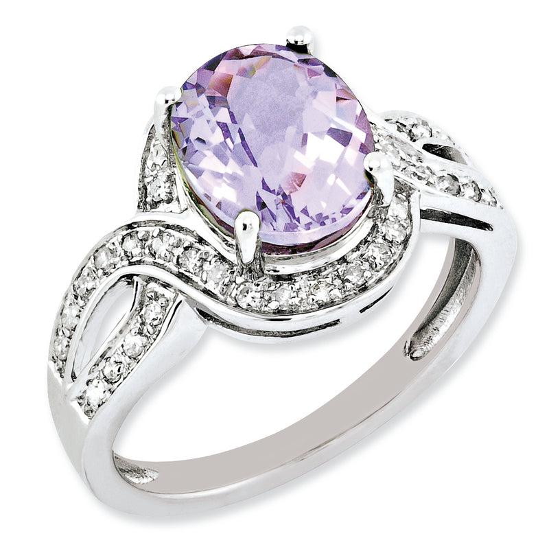 Sterling Silver Rhodium Plated Diamond & Checker Cut Pink Quartz Ring