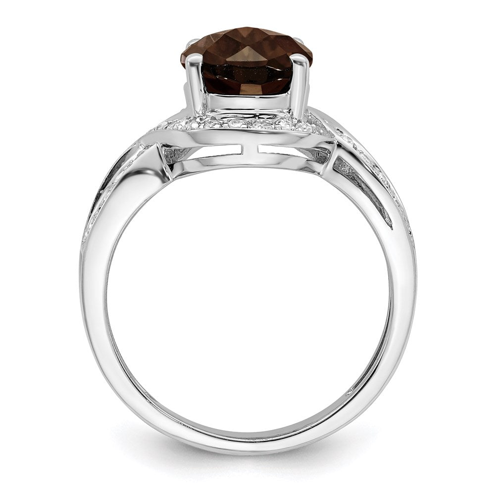 Sterling Silver Rhodium Diamond & Oval Checker Cut Smoky Quartz Ring (Size 7 Only)