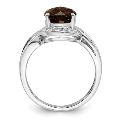 Sterling Silver Rhodium Diamond & Oval Checker Cut Smoky Quartz Ring (Size 7 Only)