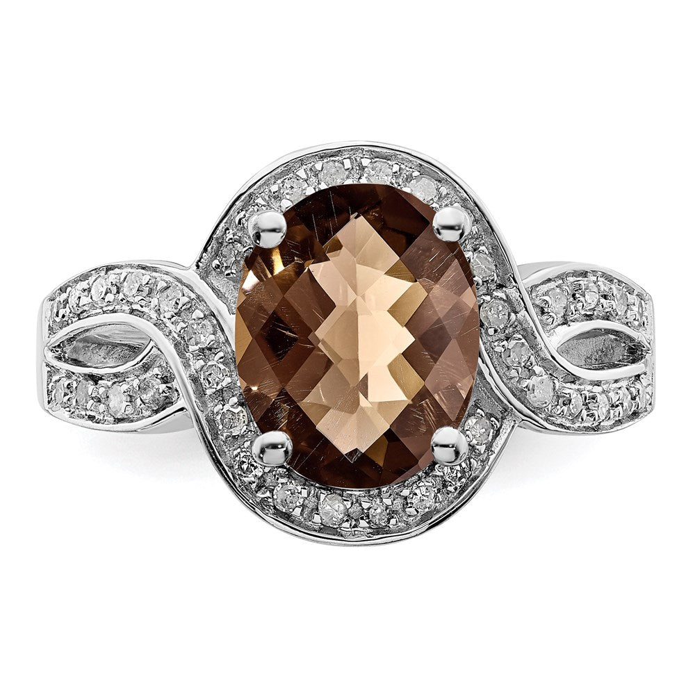 Sterling Silver Rhodium Diamond & Oval Checker Cut Smoky Quartz Ring (Size 7 Only)