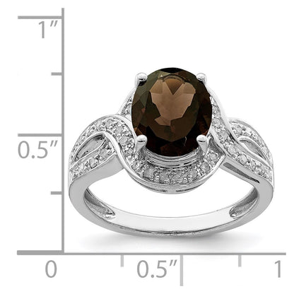 Sterling Silver Rhodium Diamond & Oval Checker Cut Smoky Quartz Ring (Size 7 Only)