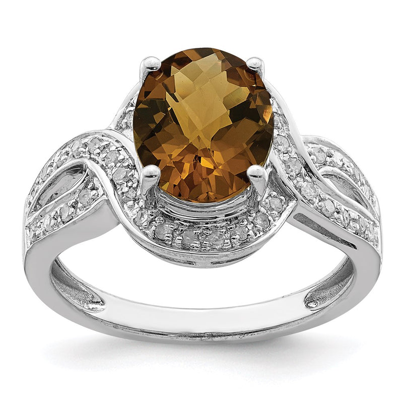 Sterling Silver Rhodium Diamond & Oval Checker Cut Whiskey Quartz Ring (Size 7 Only)
