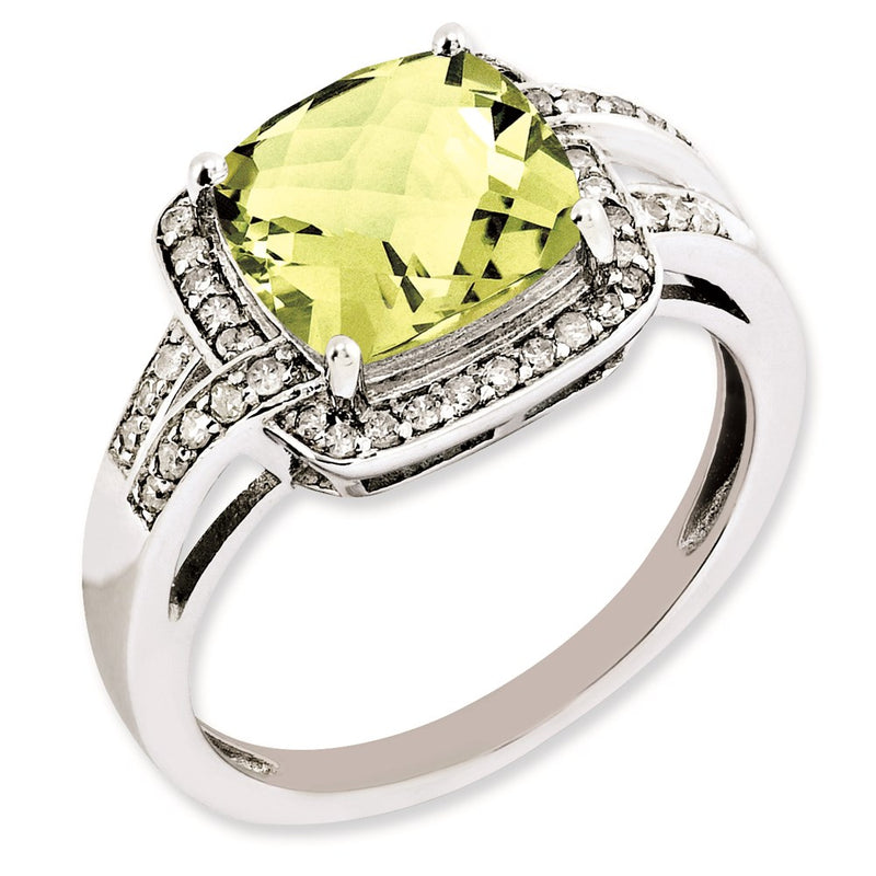 Sterling Silver Rhodium Plated Diamond & Checker Cut Lemon Quartz Ring (Size 9 Only)