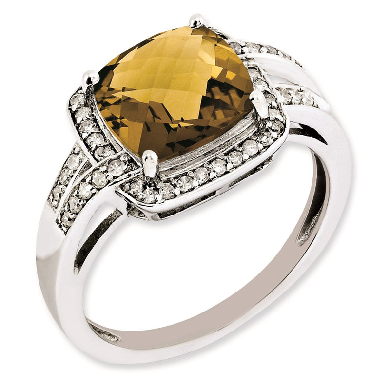 Sterling Silver Rh Plated Diamond & Checker Cut Whiskey Quartz Ring (Size 7 Only)