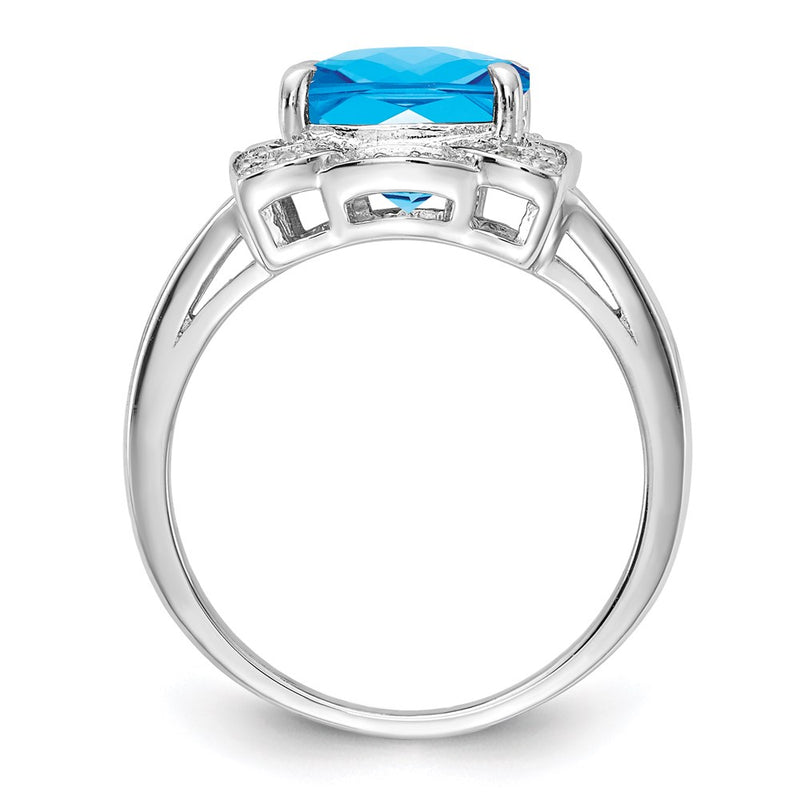 Sterling Silver Rhodium Diamond & Checker Cut Blue Topaz Ring (Size 7 Only)