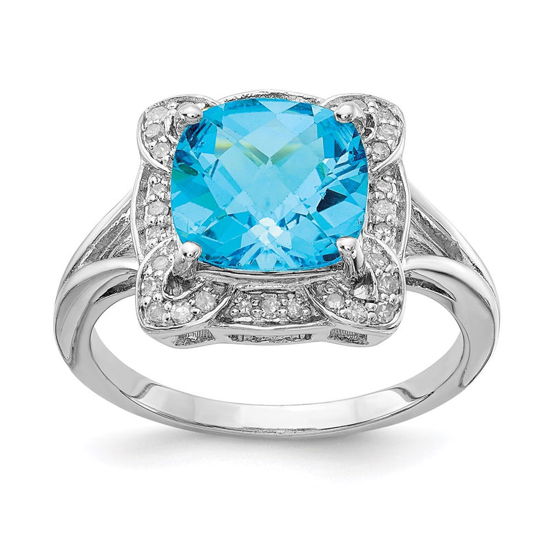 Sterling Silver Rhodium Diamond & Checker Cut Blue Topaz Ring (Size 7 Only)
